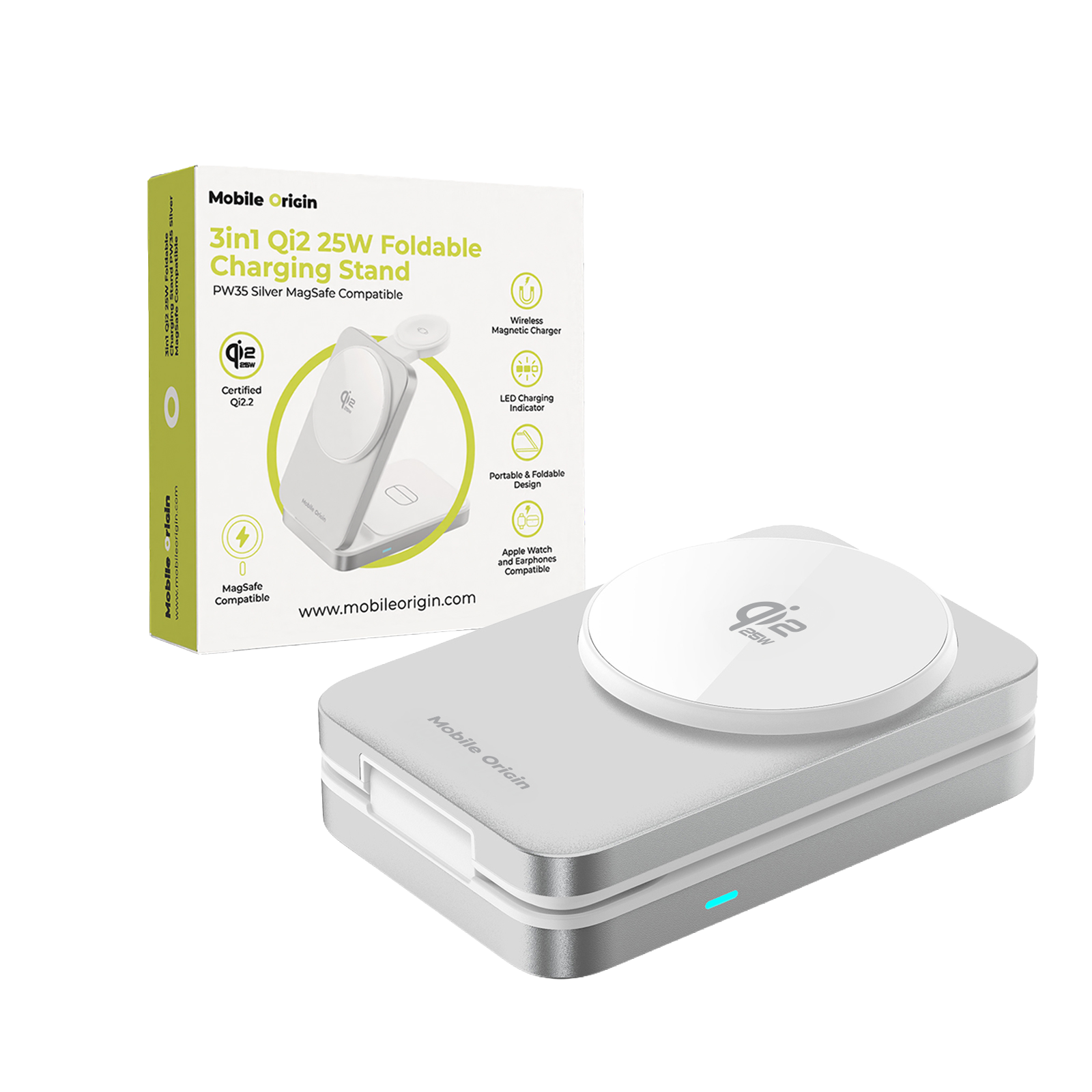 Mobile Origin PW35 összecsukható 3 az 1-ben Qi2 25 W-os töltőállvány, ezüst, MagSafe-kompatibilis-0