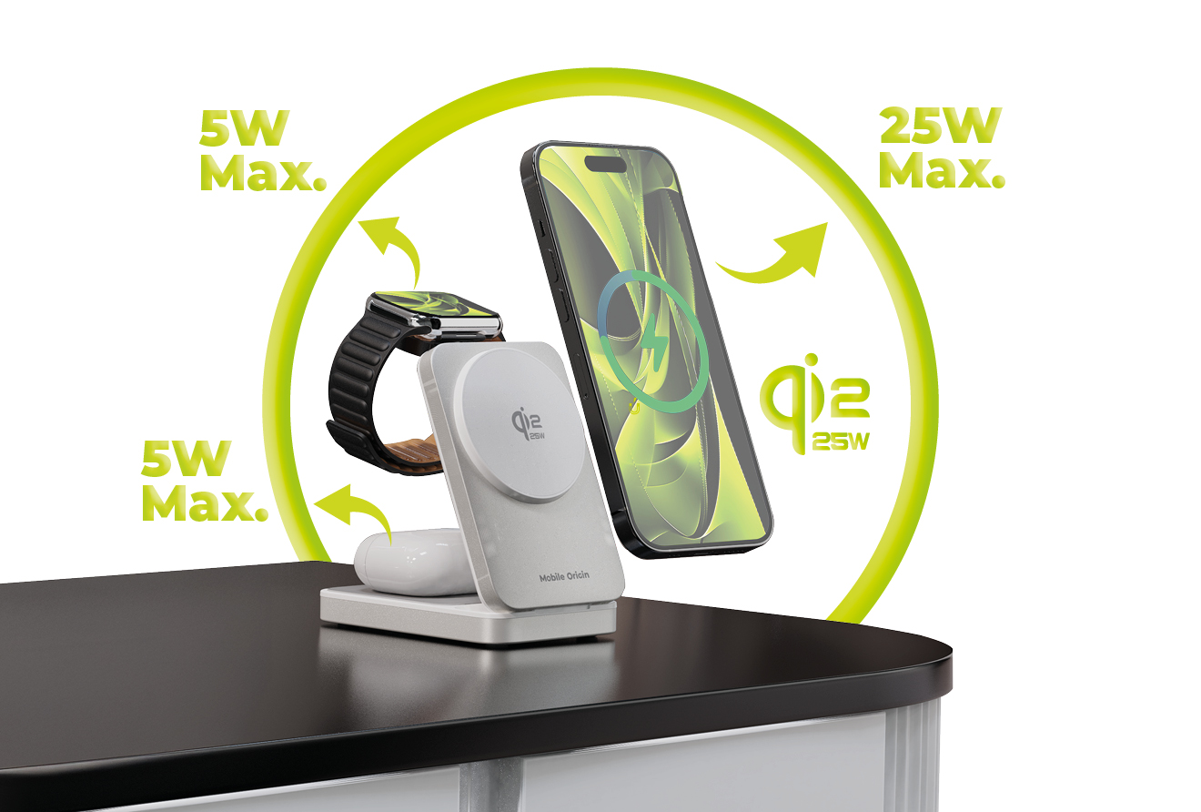 Mobile Origin PW35 összecsukható 3 az 1-ben Qi2 25 W-os töltőállvány, ezüst, MagSafe-kompatibilis-4