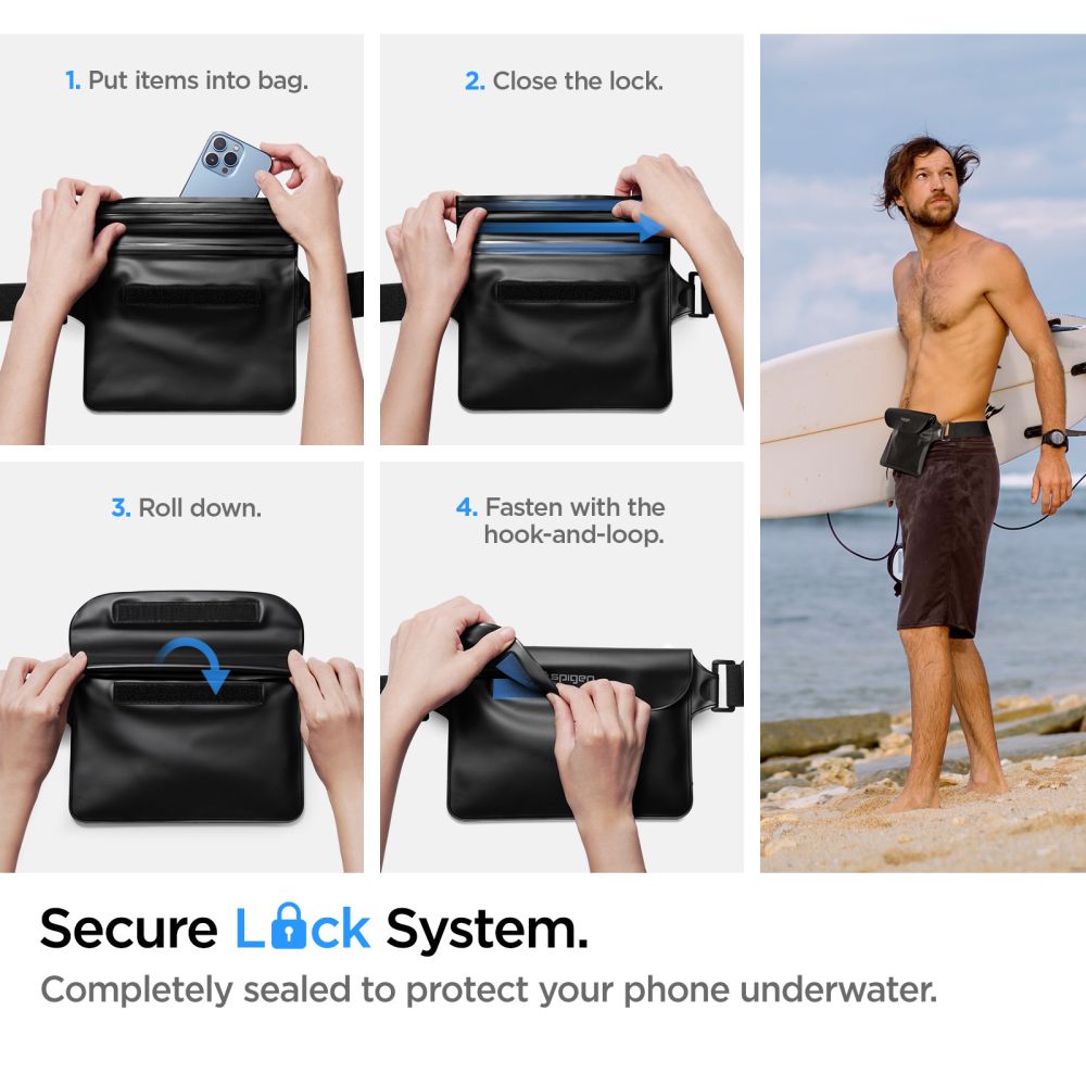 Spigen A621 Fekete Aqua Shield vízálló derék táska + vízálló tok-3