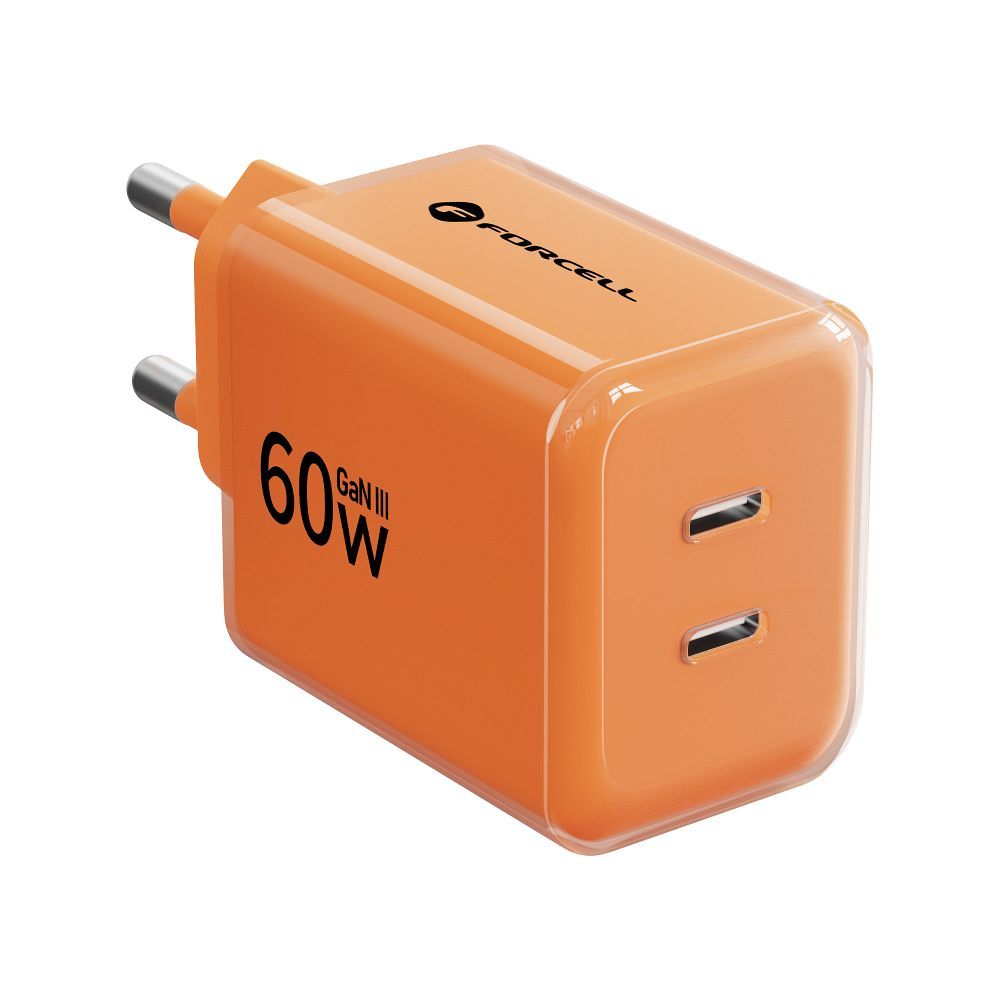 Forcell F-Energy GaN III Crystal Color 60 W-os hálózati töltő 2× USB-C csatlakozóval és USB-C–USB-C szilikonkábellel, narancssárga, VT-60-1