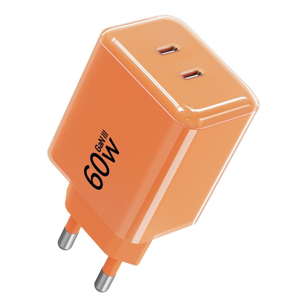 Forcell F-Energy GaN III Crystal Color 60 W-os hálózati töltő 2× USB-C csatlakozóval és USB-C–USB-C szilikonkábellel, narancssárga, VT-60-2