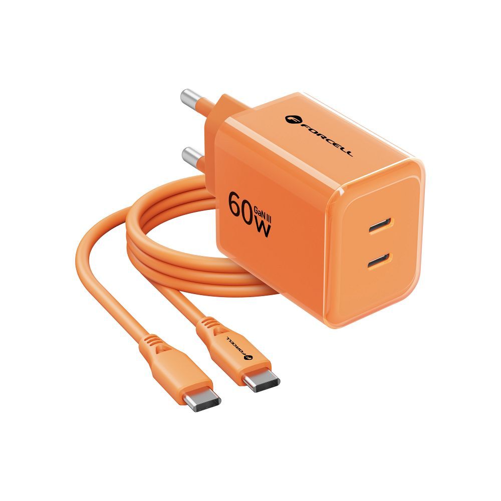 Forcell F-Energy GaN III Crystal Color 60 W-os hálózati töltő 2× USB-C csatlakozóval és USB-C–USB-C szilikonkábellel, narancssárga, VT-60-4
