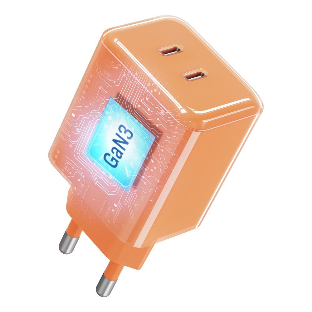 Forcell F-Energy GaN III Crystal Color 60 W-os hálózati töltő 2× USB-C csatlakozóval és USB-C–USB-C szilikonkábellel, narancssárga, VT-60-3