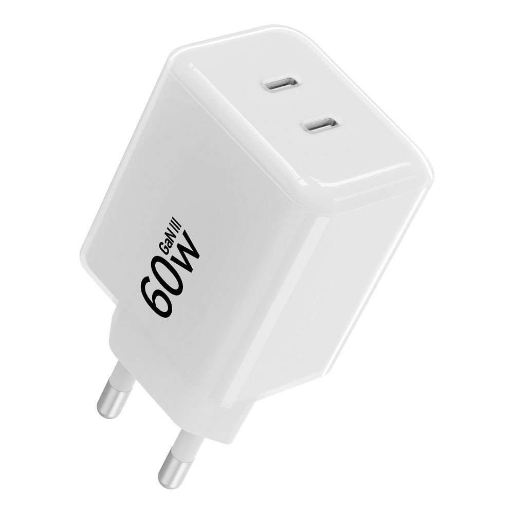 Forcell F-Energy GaN III Crystal Color VT-60 60 W-os hálózati gyorstöltő 2 USB-C porttal és USB-C–USB-C szilikonkábellel, fehér-1
