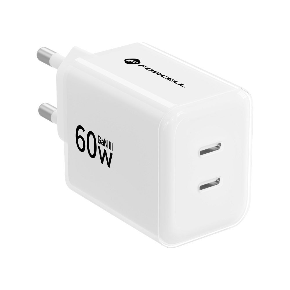 Forcell F-Energy GaN III Crystal Color VT-60 60 W-os hálózati gyorstöltő 2 USB-C porttal és USB-C–USB-C szilikonkábellel, fehér-3