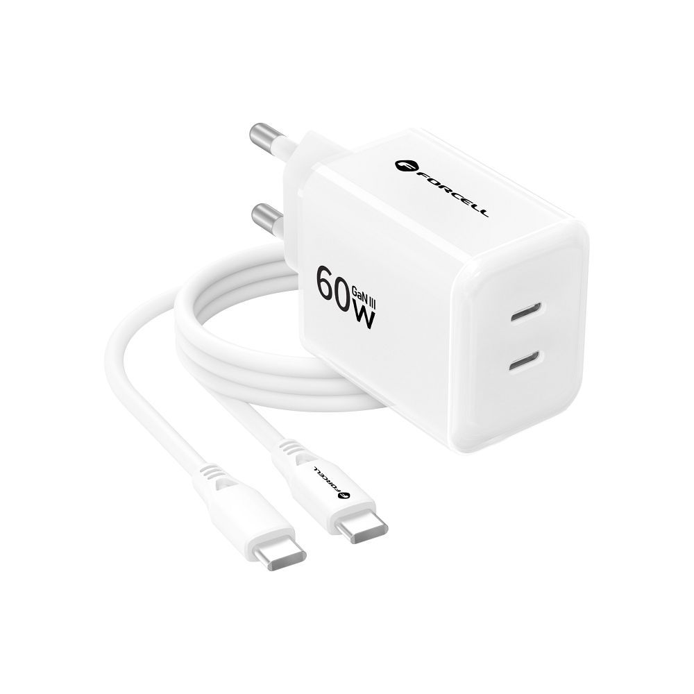 Forcell F-Energy GaN III Crystal Color VT-60 60 W-os hálózati gyorstöltő 2 USB-C porttal és USB-C–USB-C szilikonkábellel, fehér-4