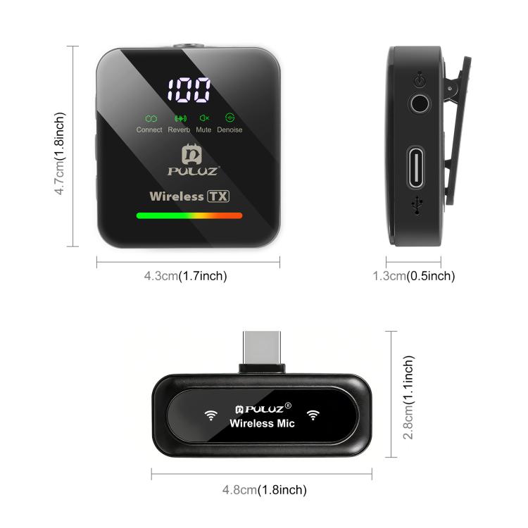 PULUZ vezeték nélküli csíptetős mikrofon Type-C telefonhoz, Type-C vevőegységgel és 4 mikrofonnal (fekete)-11