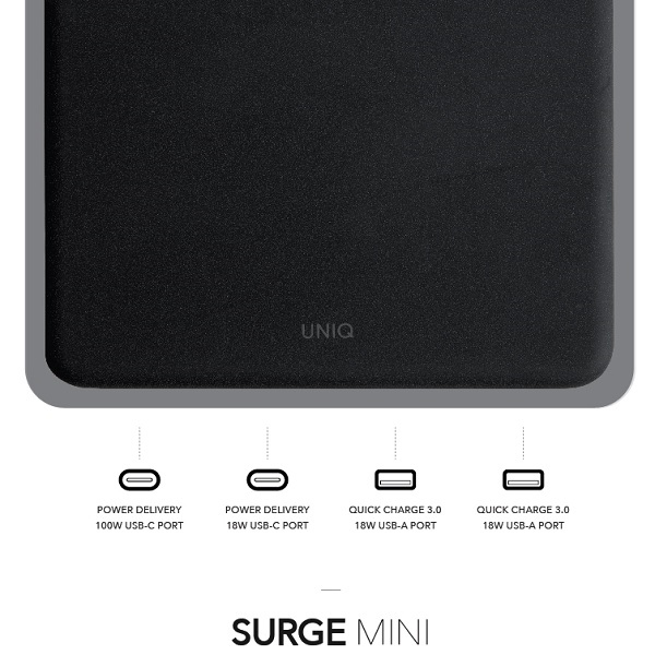 UNIQ Surge Mini 100 W-os asztali töltőállomás, antracitfekete, 2× USB és 2× USB-C-3