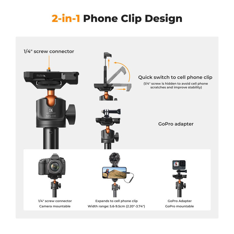 K&F Concept MS04 Állvány/Selfie bot telefonhoz + GoPro adapter (fekete)-1