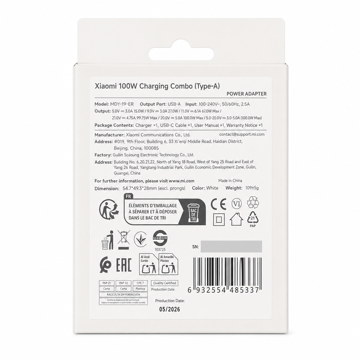 Xiaomi MDY-19-ER USB-A 100W Utazó töltő + Adatkábel 6A USB-C Fehér-2
