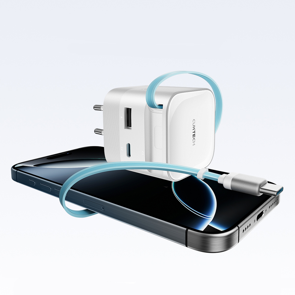 Cuktech AD653W 67 W GaN hálózati töltő 2× USB-C-vel, USB-A-val és kihúzható USB-C kábellel – fehér-8