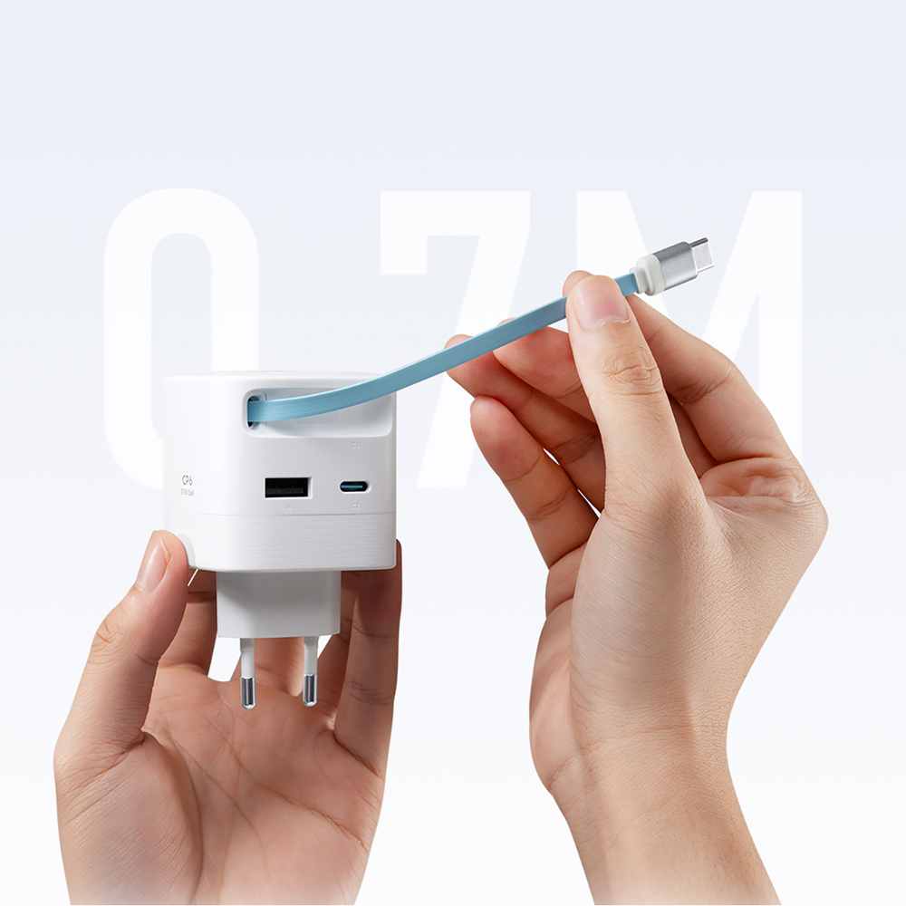 Cuktech AD653W 67 W GaN hálózati töltő 2× USB-C-vel, USB-A-val és kihúzható USB-C kábellel – fehér-7