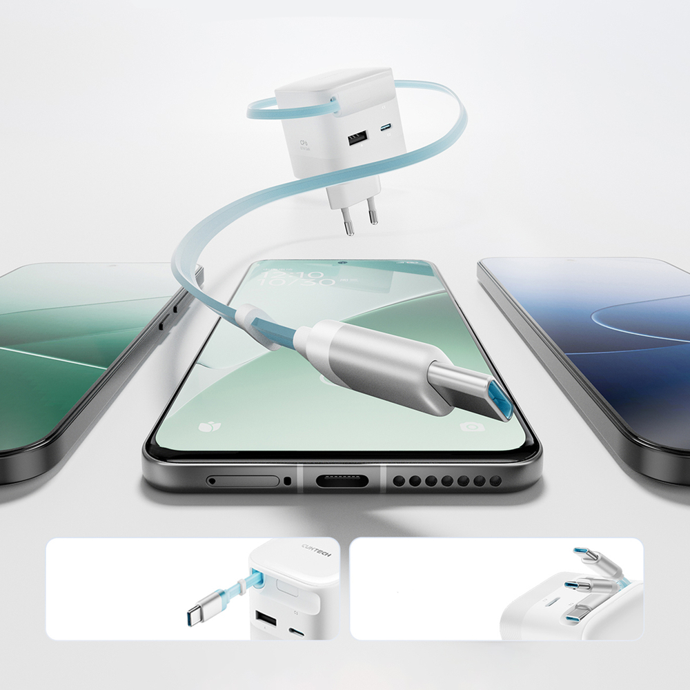 Cuktech AD653W 67 W GaN hálózati töltő 2× USB-C-vel, USB-A-val és kihúzható USB-C kábellel – fehér-6