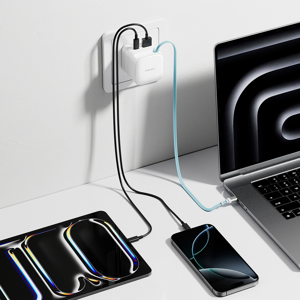 Cuktech AD653W 67 W GaN hálózati töltő 2× USB-C-vel, USB-A-val és kihúzható USB-C kábellel – fehér-4