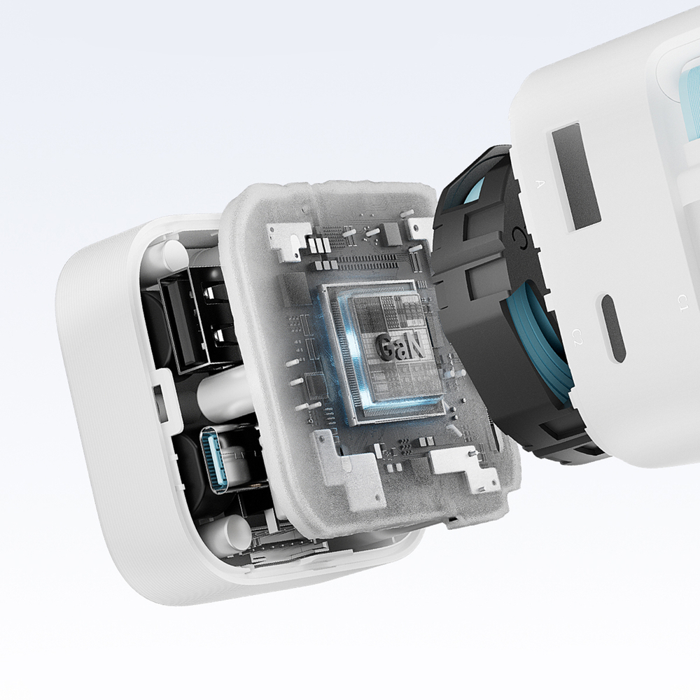 Cuktech AD653W 67 W GaN hálózati töltő 2× USB-C-vel, USB-A-val és kihúzható USB-C kábellel – fehér-3