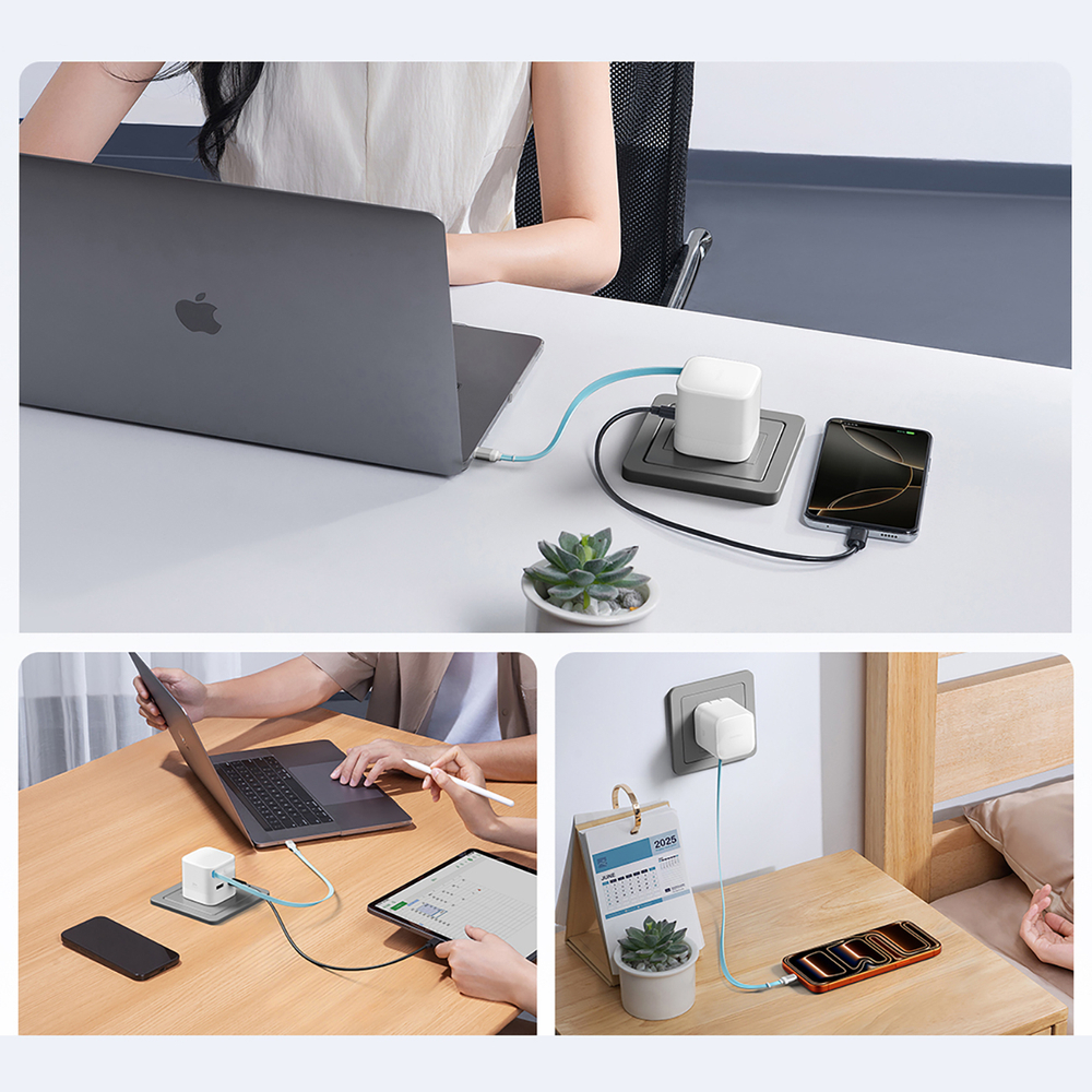 Cuktech AD653W 67 W GaN hálózati töltő 2× USB-C-vel, USB-A-val és kihúzható USB-C kábellel – fehér-1