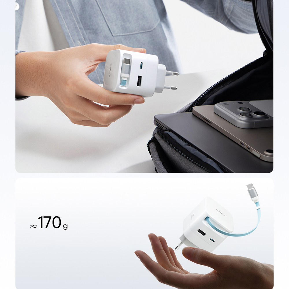 Cuktech AD653W 67 W GaN hálózati töltő 2× USB-C-vel, USB-A-val és kihúzható USB-C kábellel – fehér-9