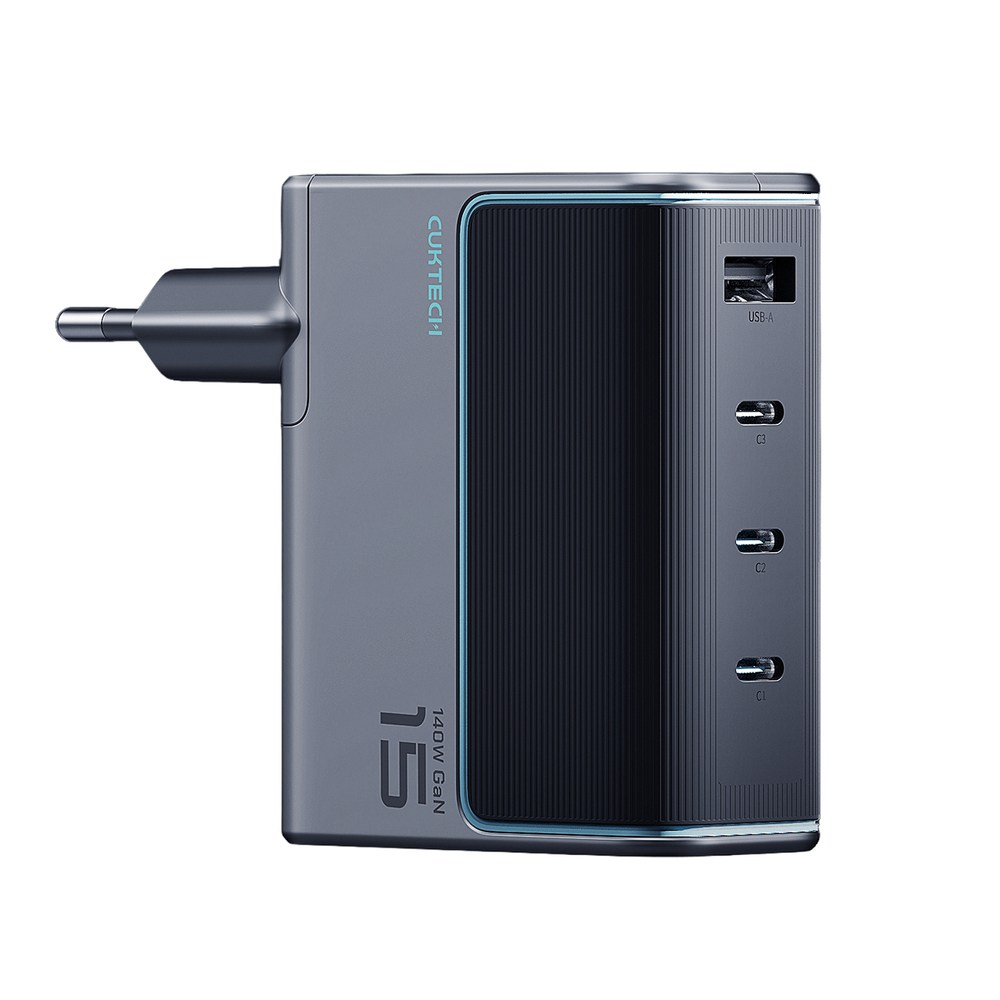 Cuktech AD1404UEU 140 W-os GaN hálózati töltő 3 db USB-C és USB-A porttal, USB-C kábellel, szürke-0