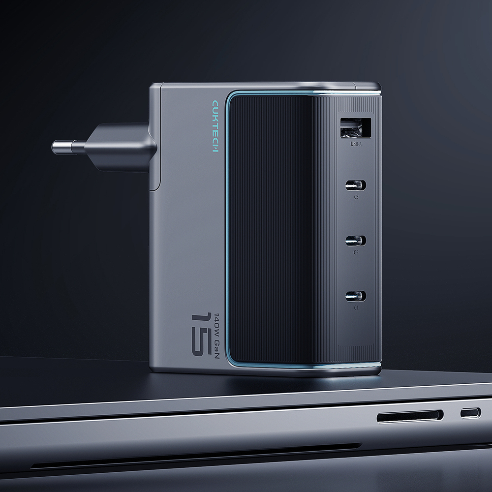 Cuktech AD1404UEU 140 W-os GaN hálózati töltő 3 db USB-C és USB-A porttal, USB-C kábellel, szürke-12