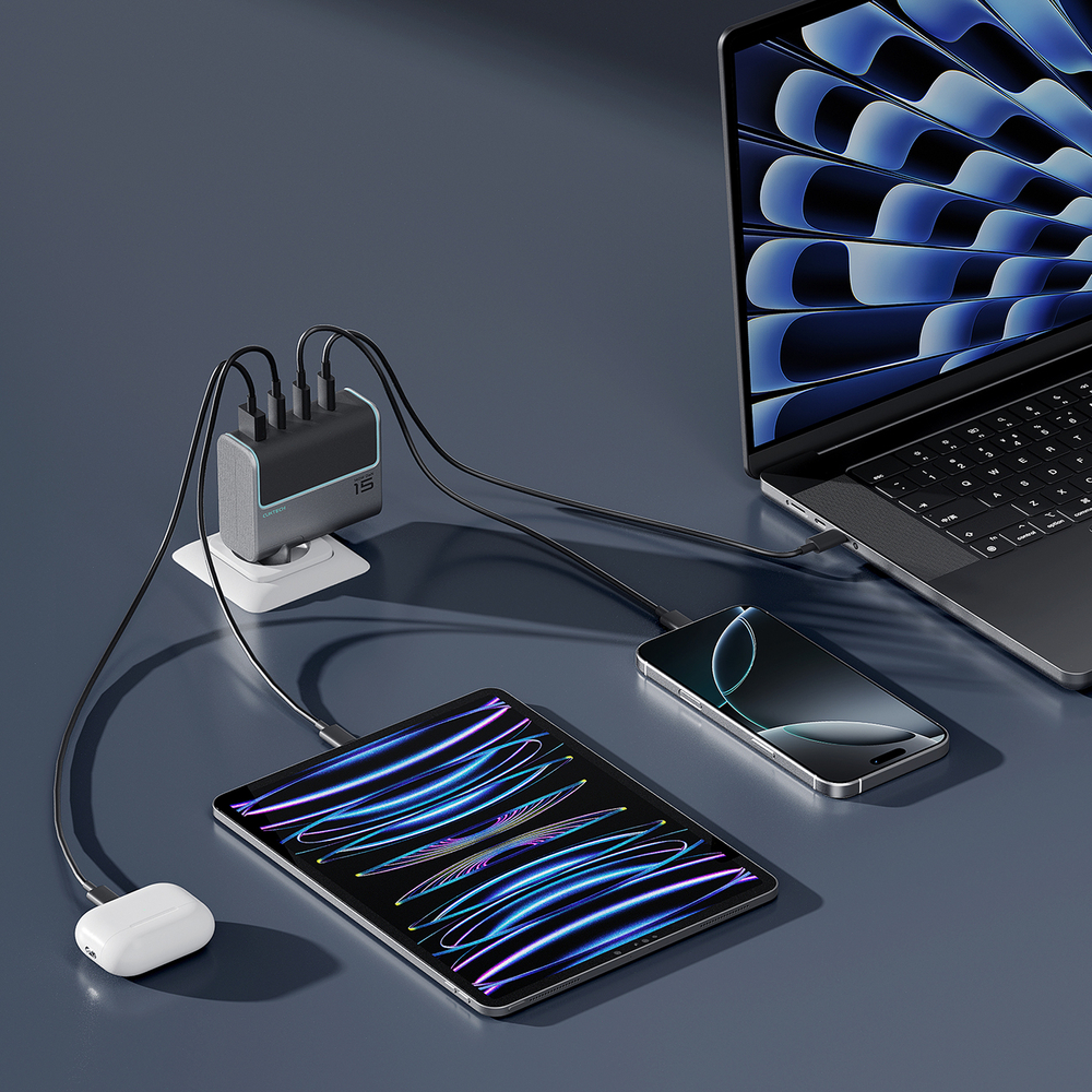 Cuktech AD1404UEU 140 W-os GaN hálózati töltő 3 db USB-C és USB-A porttal, USB-C kábellel, szürke-10