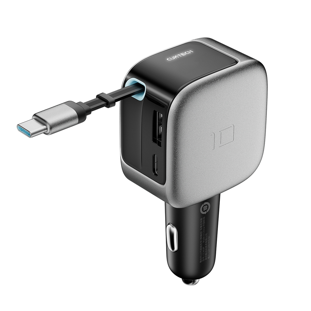 Cuktech CC903P 100 W-os autós töltő kijelzővel és 70 cm-es behúzható USB-C kábellel, szürke-0