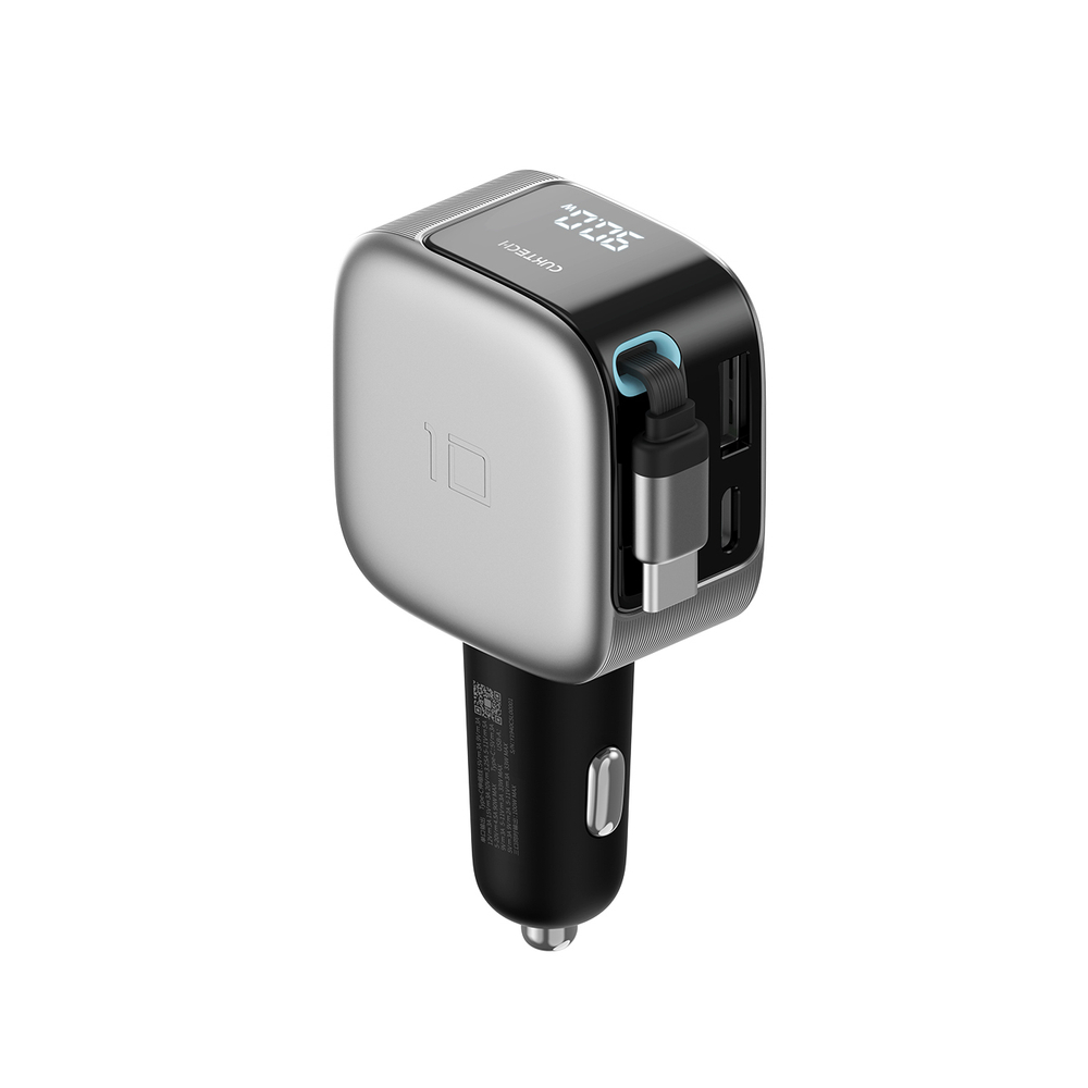 Cuktech CC903P 100 W-os autós töltő kijelzővel és 70 cm-es behúzható USB-C kábellel, szürke-16