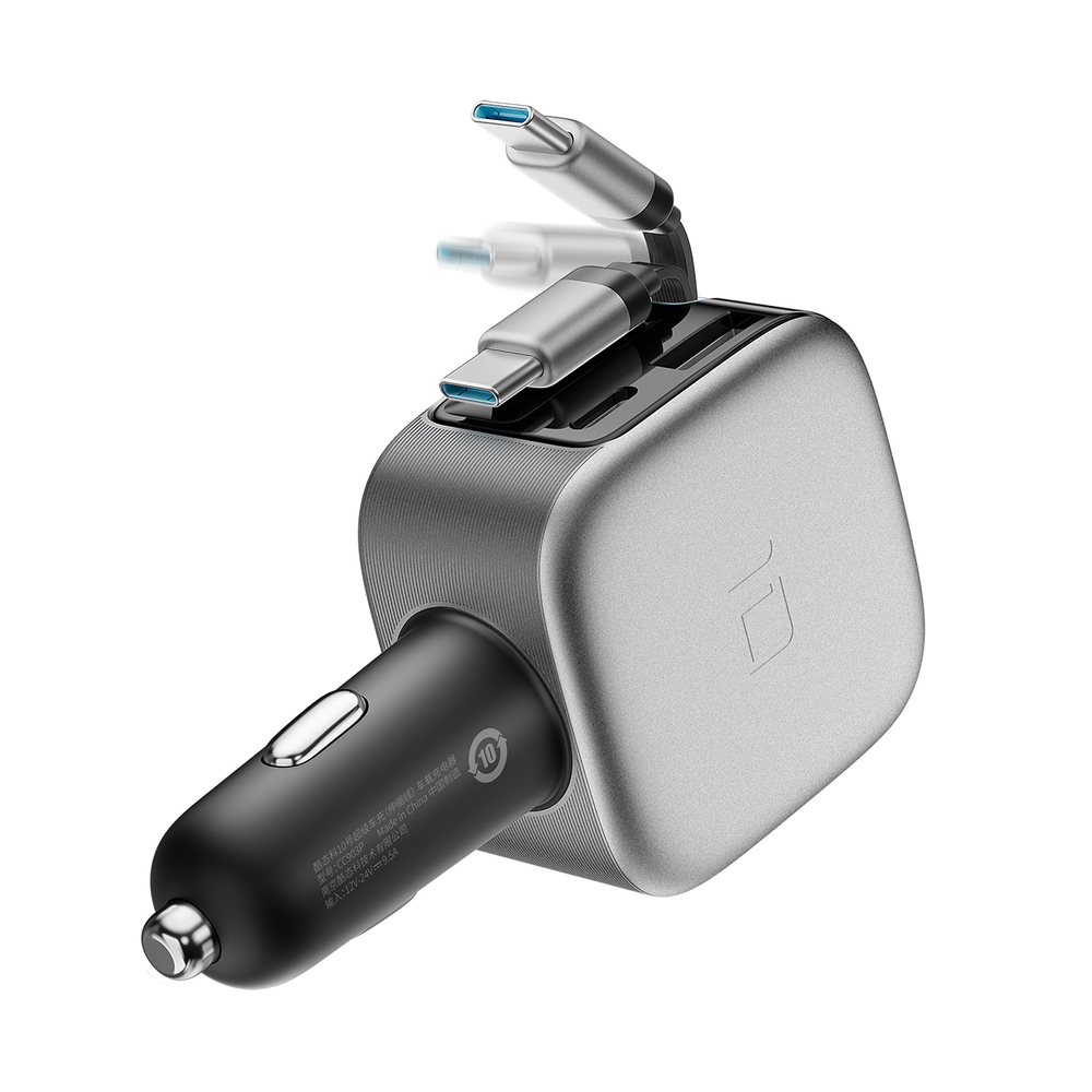 Cuktech CC903P 100 W-os autós töltő kijelzővel és 70 cm-es behúzható USB-C kábellel, szürke-17