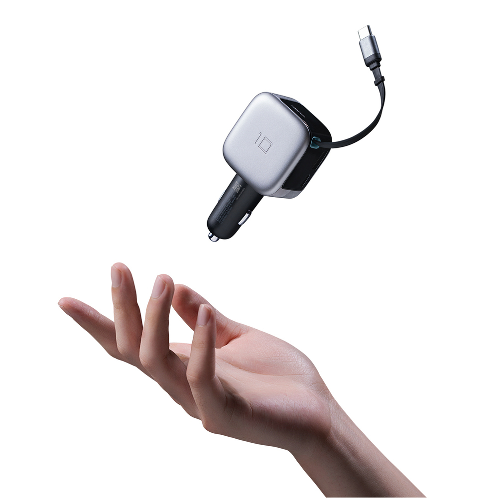 Cuktech CC903P 100 W-os autós töltő kijelzővel és 70 cm-es behúzható USB-C kábellel, szürke-22