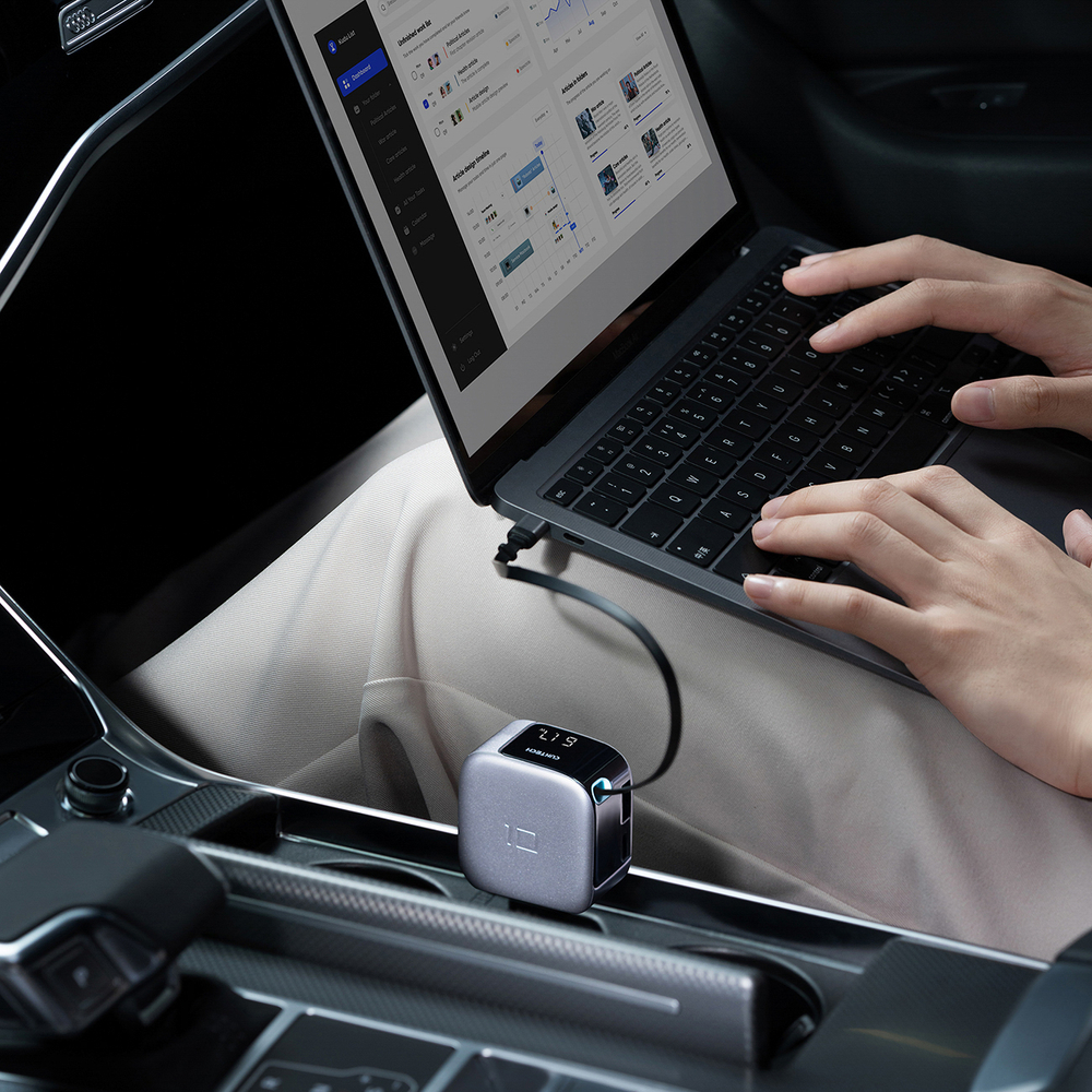Cuktech CC903P 100 W-os autós töltő kijelzővel és 70 cm-es behúzható USB-C kábellel, szürke-11