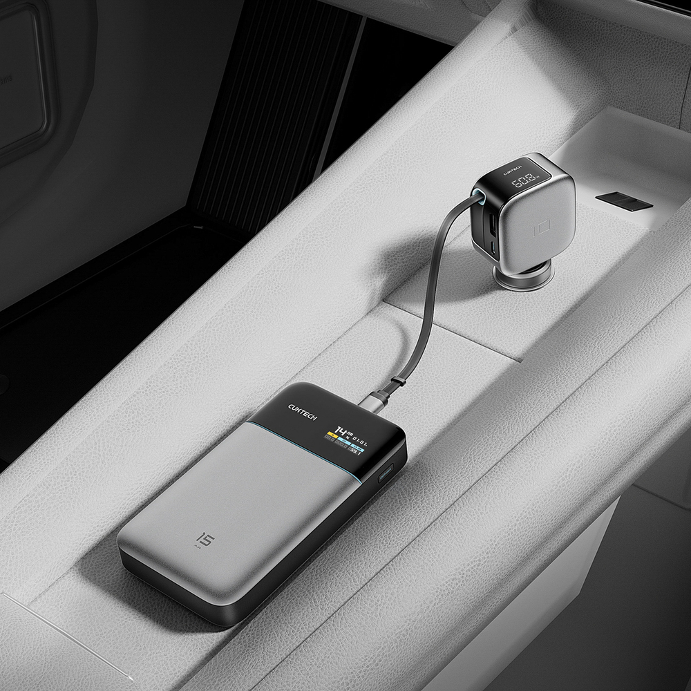 Cuktech CC903P 100 W-os autós töltő kijelzővel és 70 cm-es behúzható USB-C kábellel, szürke-5