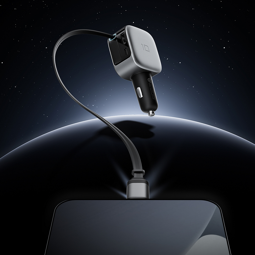 Cuktech CC903P 100 W-os autós töltő kijelzővel és 70 cm-es behúzható USB-C kábellel, szürke-10