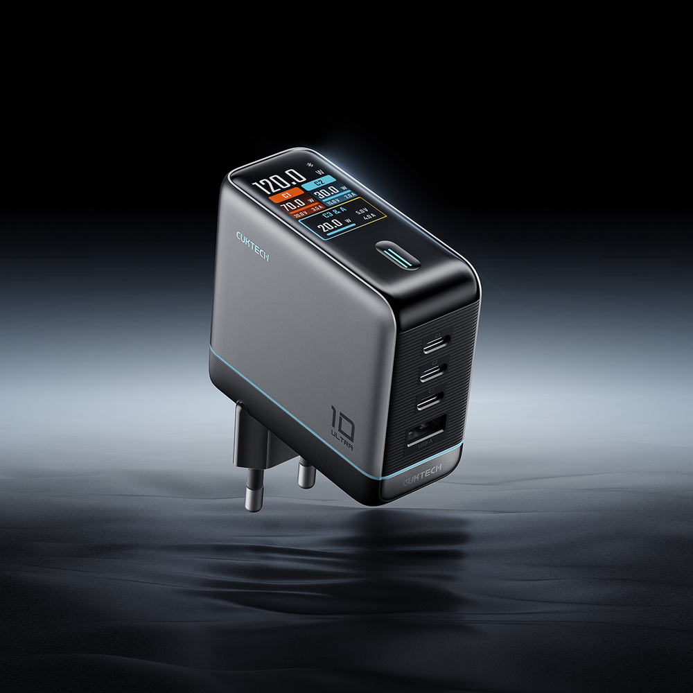 Cuktech AD1204U 120 W-os GaN hálózati töltő kijelzővel és USB-C kábellel, ezüst-14