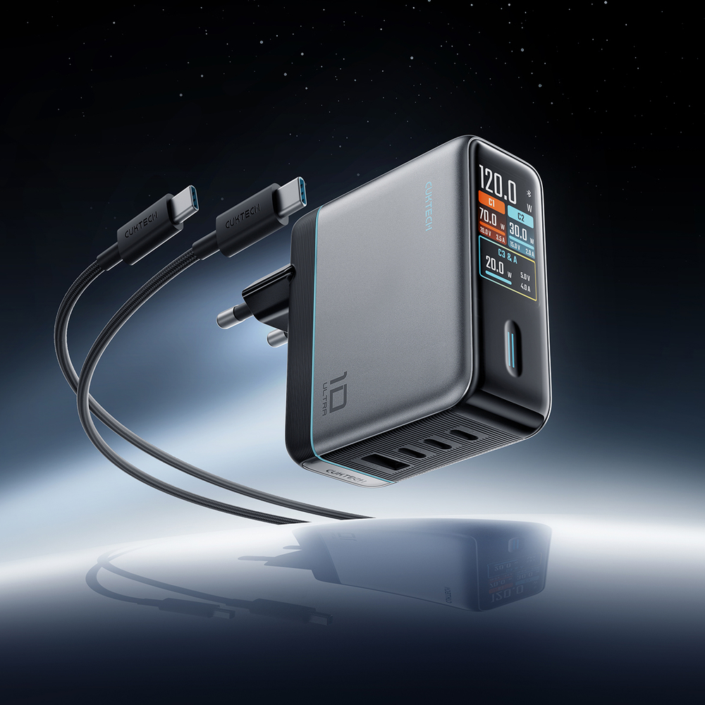 Cuktech AD1204U 120 W-os GaN hálózati töltő kijelzővel és USB-C kábellel, ezüst-13