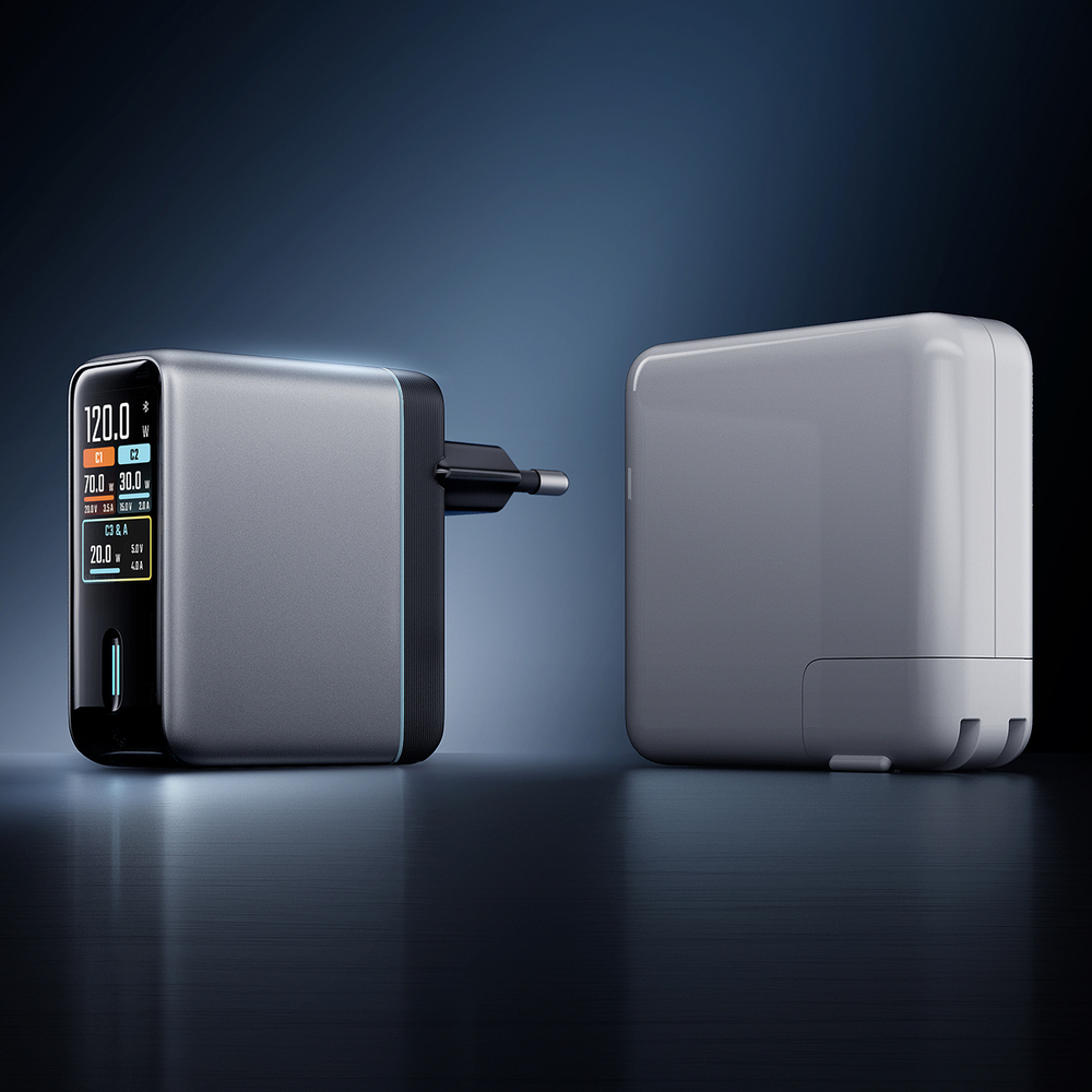 Cuktech AD1204U 120 W-os GaN hálózati töltő kijelzővel és USB-C kábellel, ezüst-12
