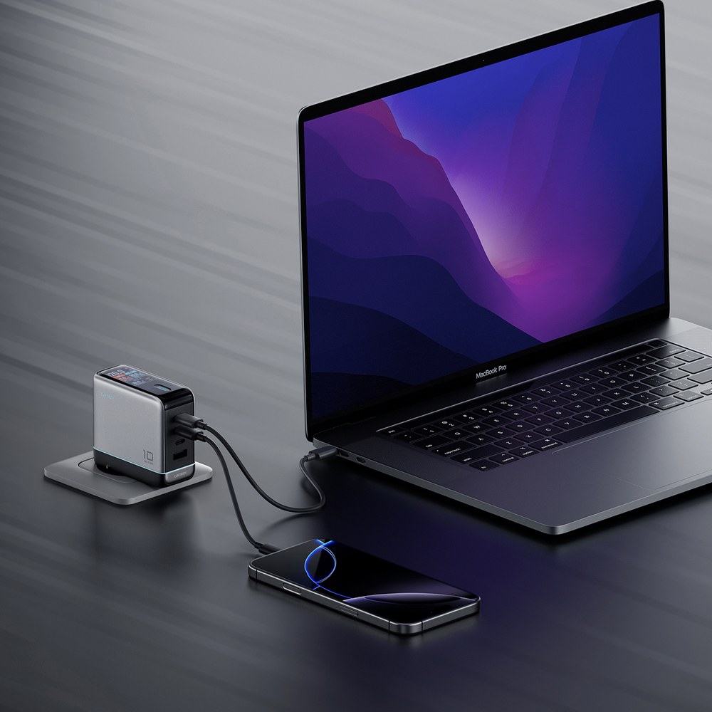 Cuktech AD1204U 120 W-os GaN hálózati töltő kijelzővel és USB-C kábellel, ezüst-10