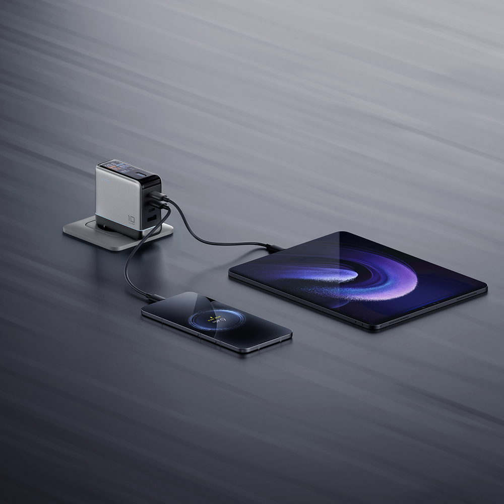 Cuktech AD1204U 120 W-os GaN hálózati töltő kijelzővel és USB-C kábellel, ezüst-8