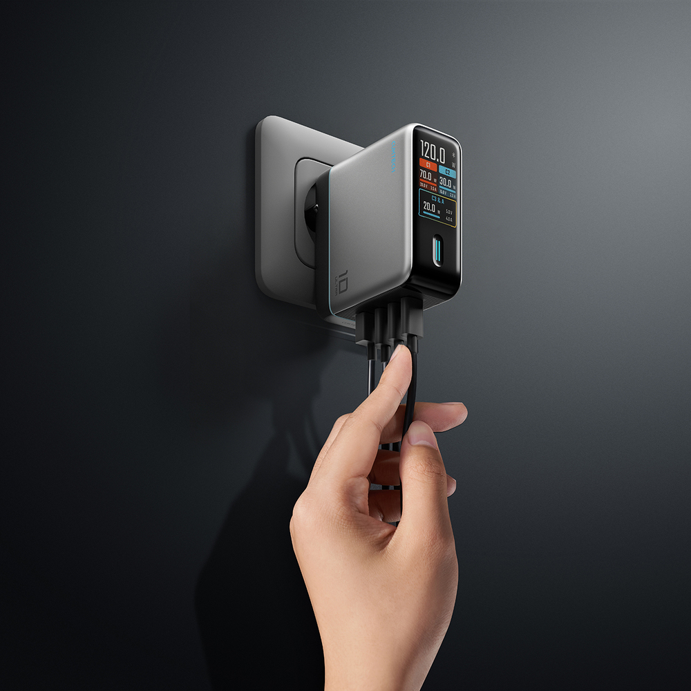 Cuktech AD1204U 120 W-os GaN hálózati töltő kijelzővel és USB-C kábellel, ezüst-5