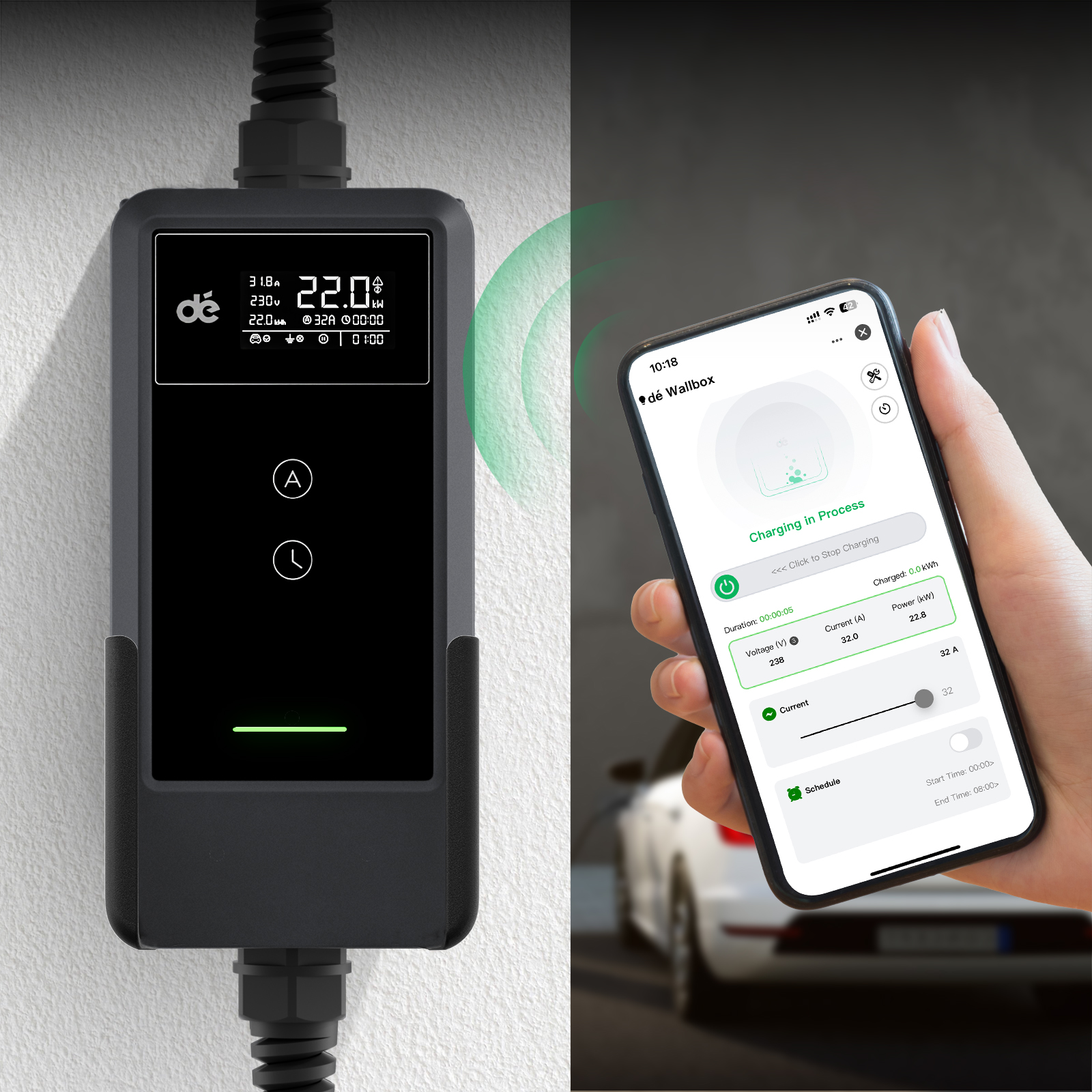 dé 22 kW hordozható töltő 10 m kábellel, TUYA APP Type-2-4