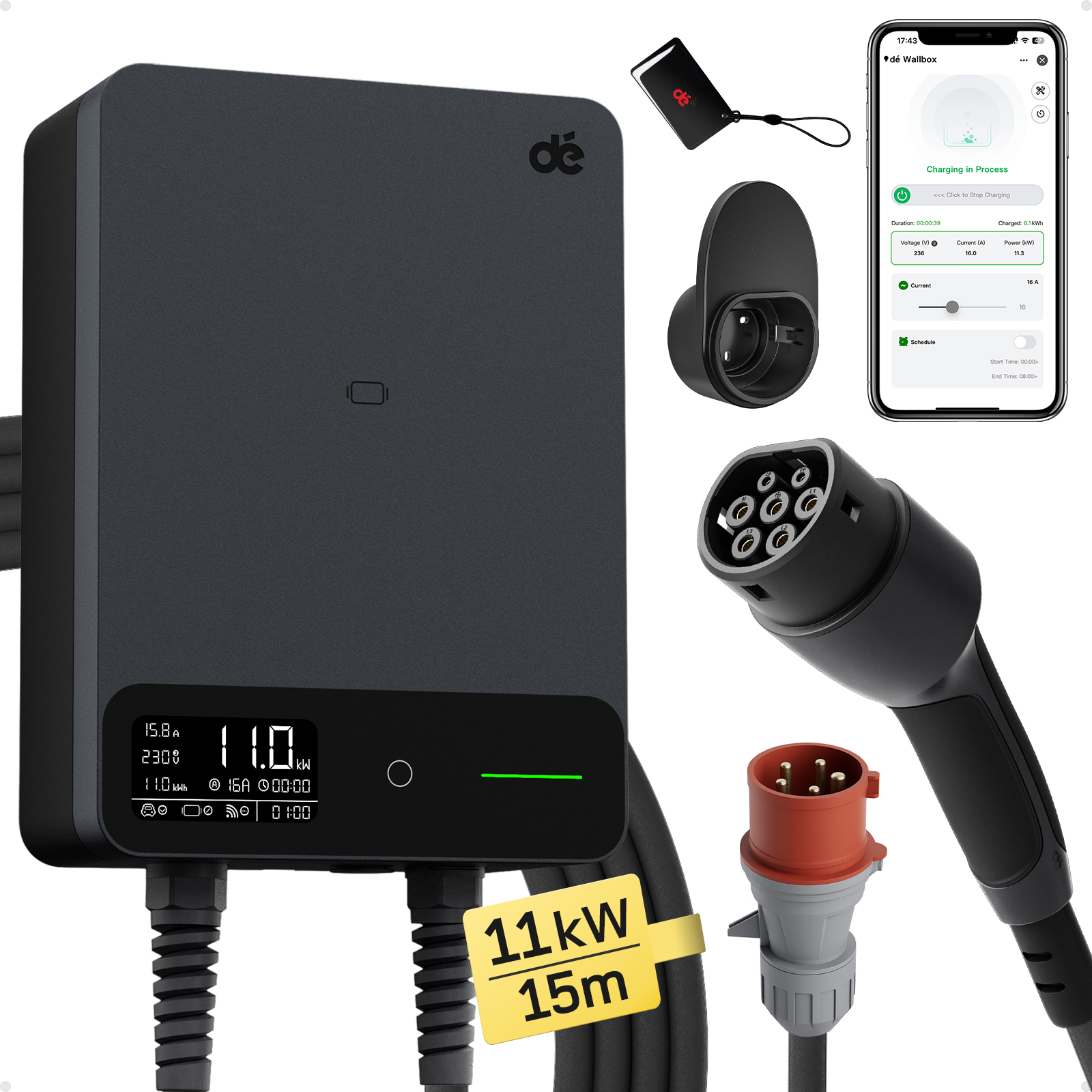 dé 11 kW-os fali töltőállomás 15 m-es kábellel, APP TUYA Type-2-0