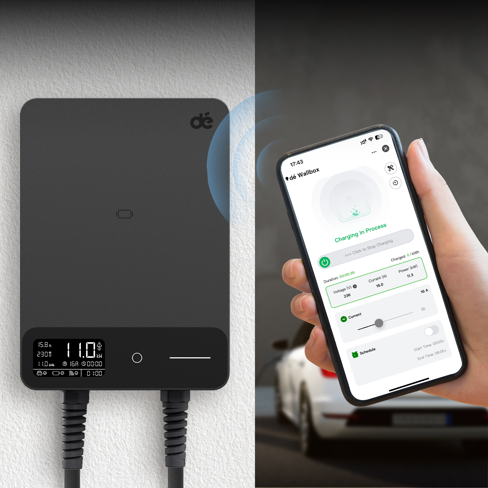 dé 11 kW-os fali töltőállomás 15 m-es kábellel, APP TUYA Type-2-4