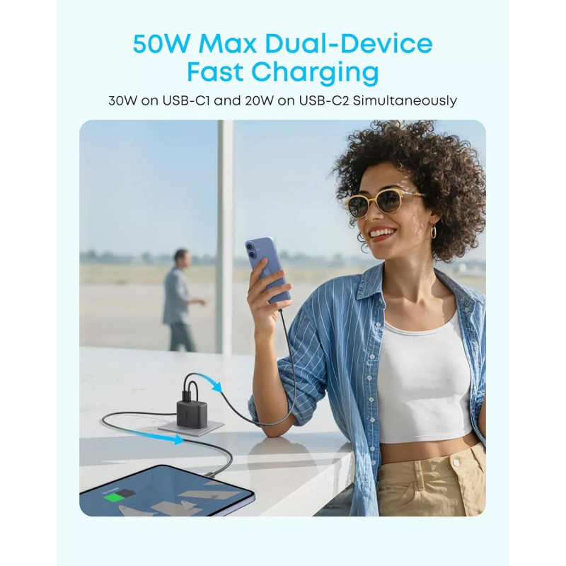 Anker Zolo 50W hálózati töltő 2 x USB-A és 2 x USB-C csatlakozóval, fekete A121EG11-3