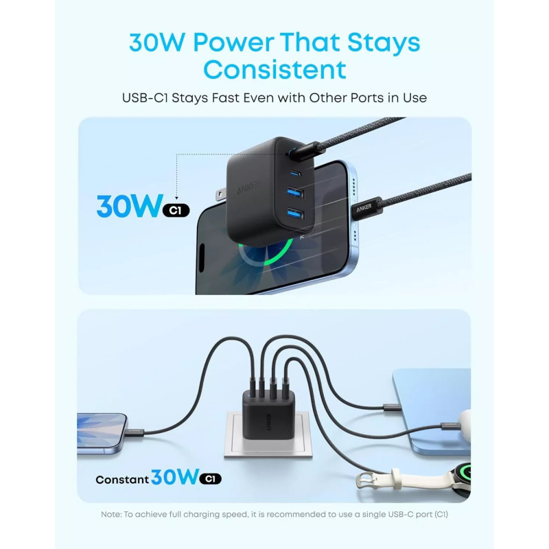 Anker Zolo 50W hálózati töltő 2 x USB-A és 2 x USB-C csatlakozóval, fekete A121EG11-1