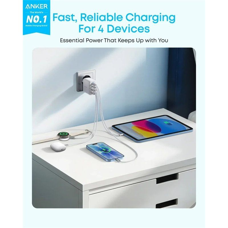 Anker Zolo 50 W-os hálózati töltő 2× USB-A és 2× USB-C csatlakozóval, fehér A121EG21-1