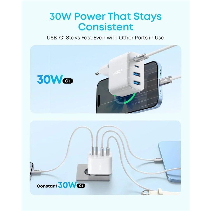 Anker Zolo 50 W-os hálózati töltő 2× USB-A és 2× USB-C csatlakozóval, fehér A121EG21-2