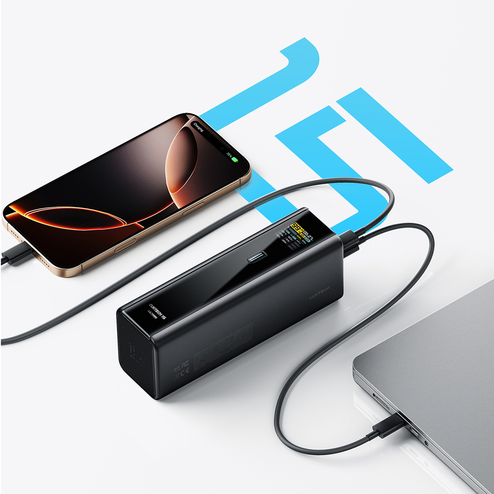 Cuktech PB200U 210 W-os 20000 mAh-s powerbank 2 × USB-C-vel, USB-A-val, TFT-kijelzővel és 240 W-os USB-C kábellel, fekete-1