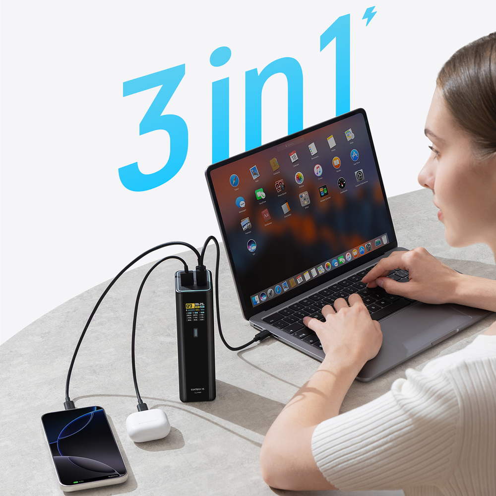 Cuktech PB200U 210 W-os 20000 mAh-s powerbank 2 × USB-C-vel, USB-A-val, TFT-kijelzővel és 240 W-os USB-C kábellel, fekete-4
