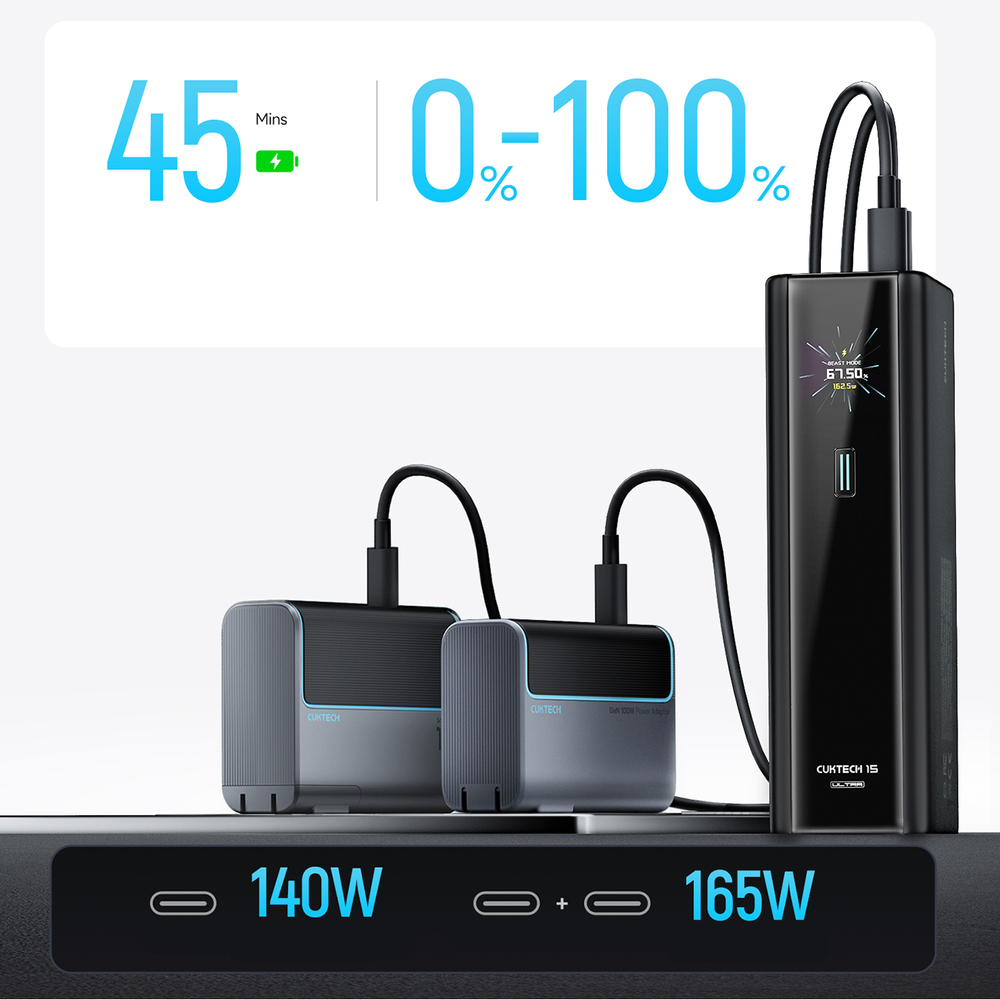 Cuktech PB200U 210 W-os 20000 mAh-s powerbank 2 × USB-C-vel, USB-A-val, TFT-kijelzővel és 240 W-os USB-C kábellel, fekete-7