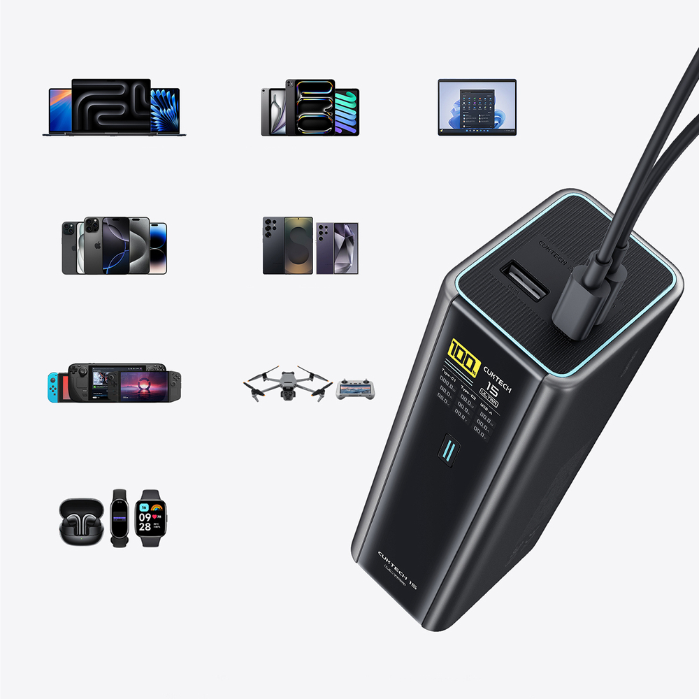Cuktech PB200U 210 W-os 20000 mAh-s powerbank 2 × USB-C-vel, USB-A-val, TFT-kijelzővel és 240 W-os USB-C kábellel, fekete-8