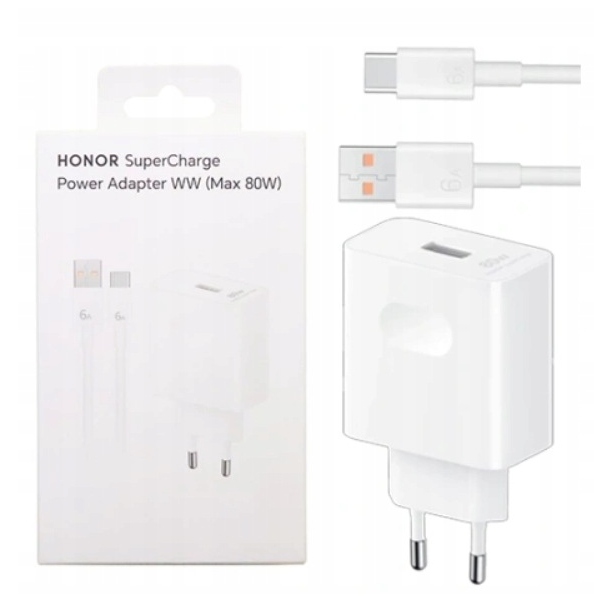 Honor hálózati töltő, 80W, 1 x USB-A - 1 x USB-C, USB-C kábellel, Fehér-1