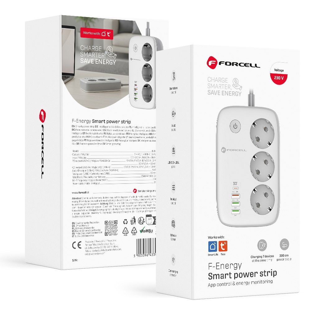 Forcell F-Energy VT-PS03 okos elosztó 3 aljzattal, USB-C-vel és 3 USB-A porttal, fehér Tuya, SmartLife-0